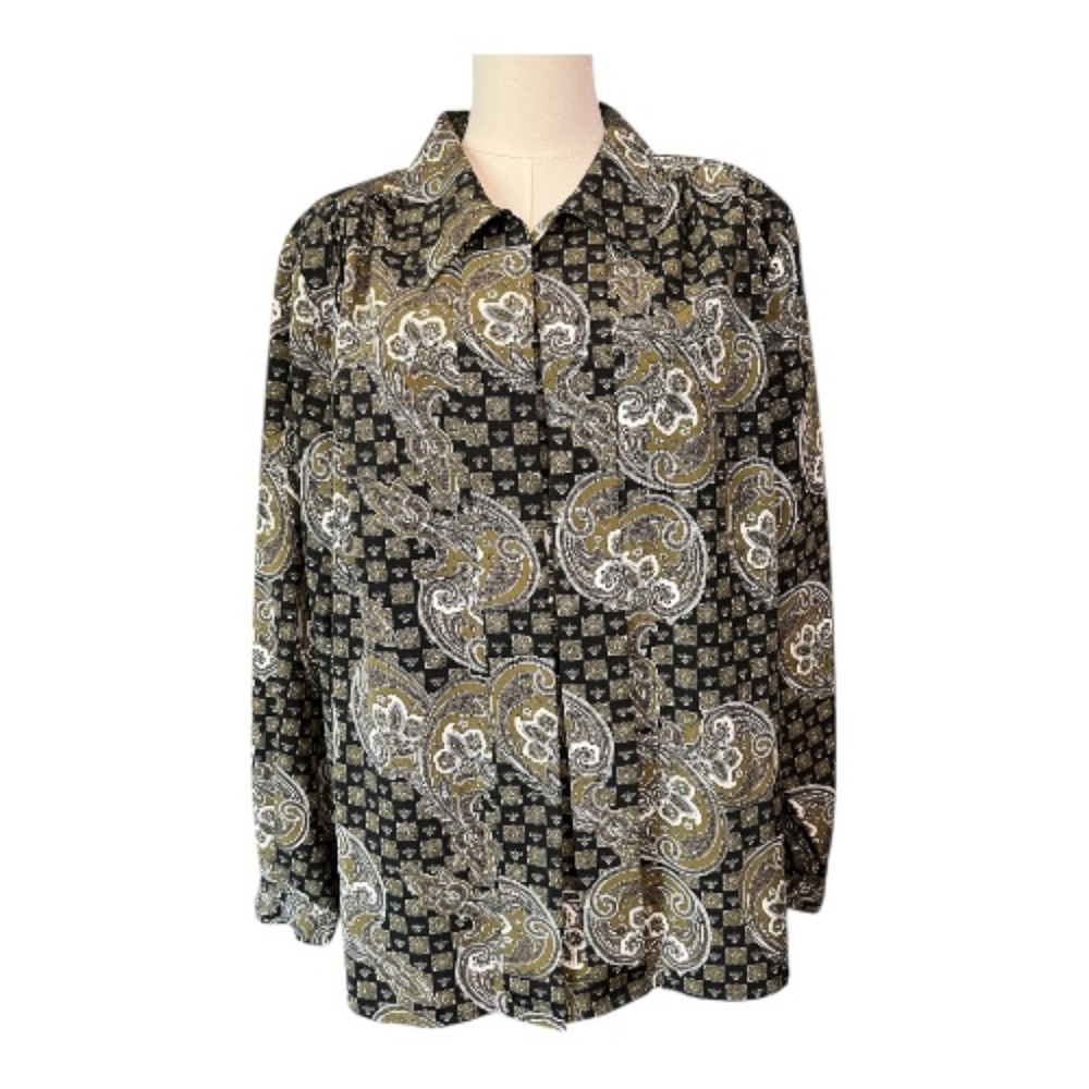 EUC Ship n’ Shore green & black check paisley blouse – size 16